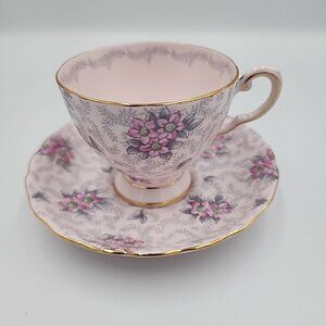 Tuscan Pink And Gray Chintz Floral Footed Tea Cup And Saucer English Bone China